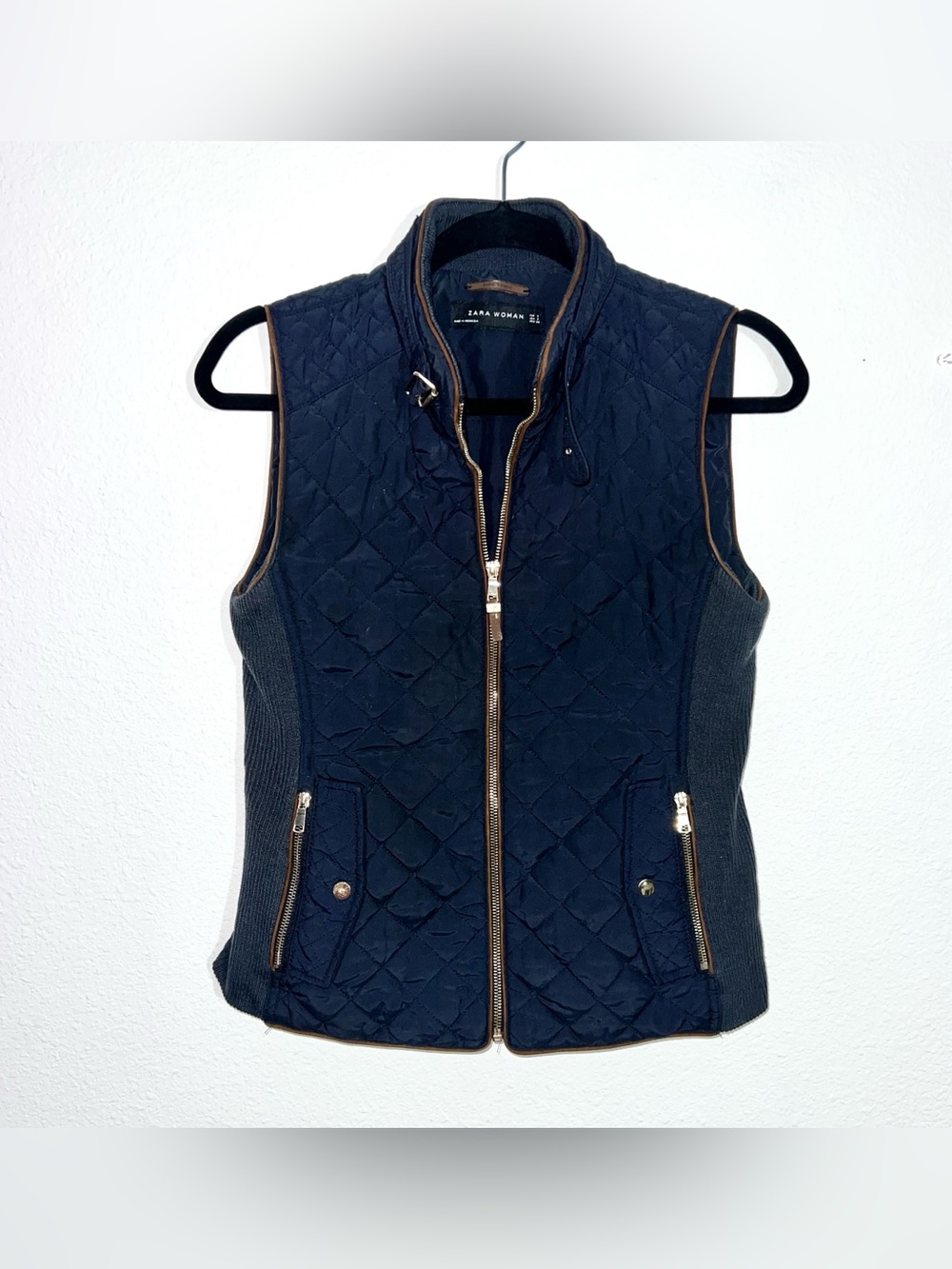 Zara Woman Navy Blue Quilted Vest Faux Leather Trim Ribbed Sides Small S